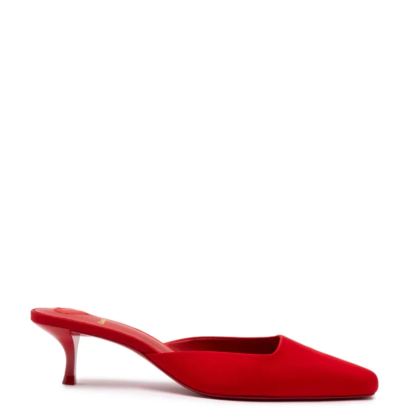 Amal Mule In Cherry Satin sold by Larroude