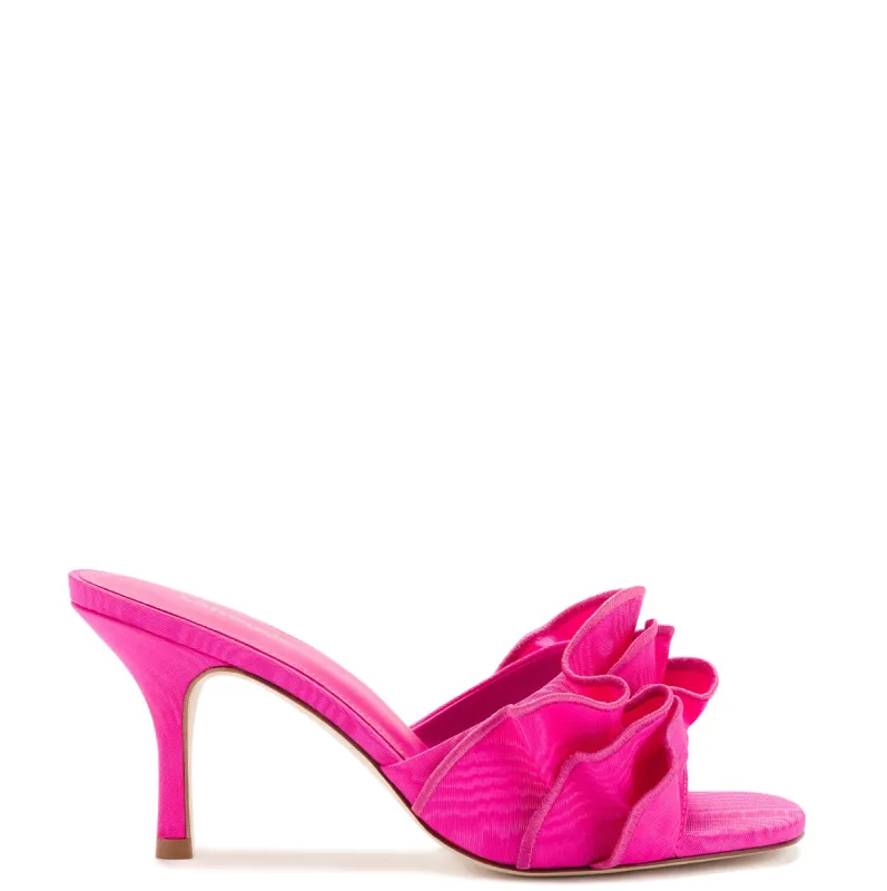 Colette Ruffle Sandal In Magenta Fabric sold by Larroude