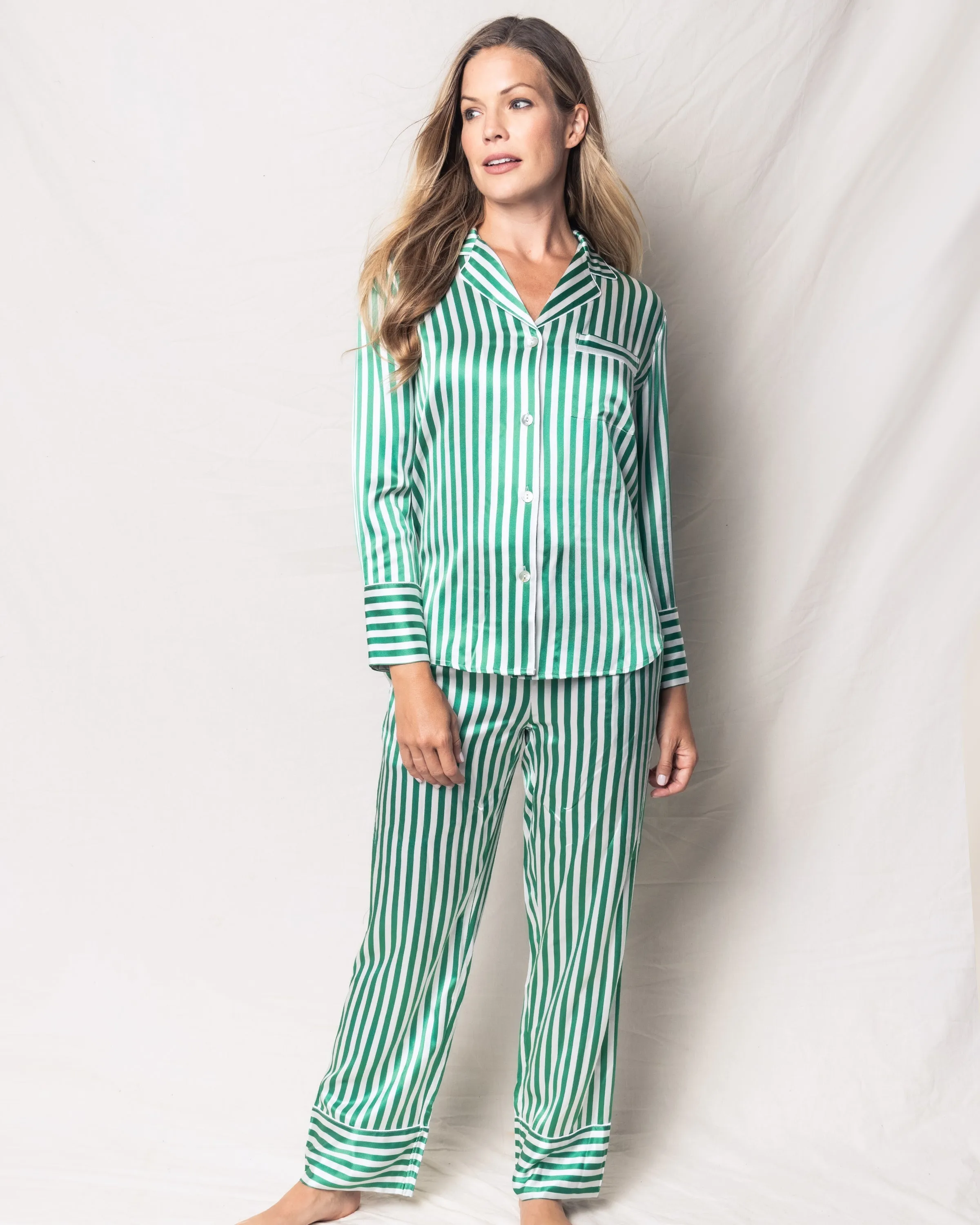 Women's Silk Pajama Set in Green Stripe sold by Larroude product image thumbnail 2