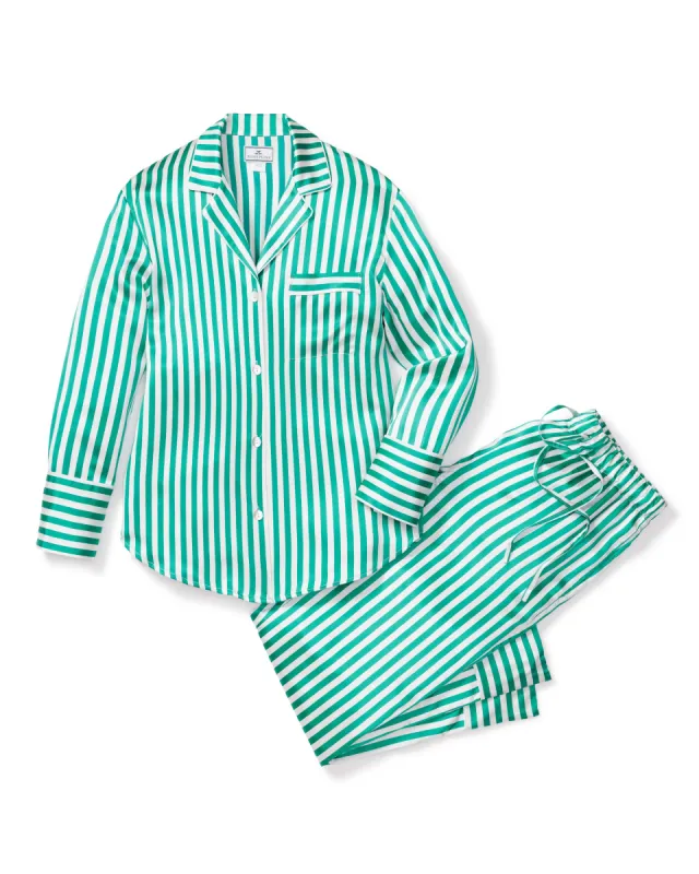 Women's Silk Pajama Set in Green Stripe sold by Larroude