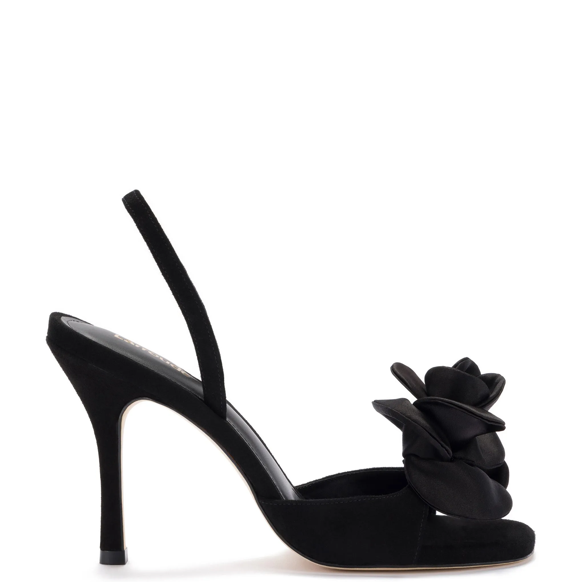 Salma Sandal In Black Suede and Satin sold by Larroude