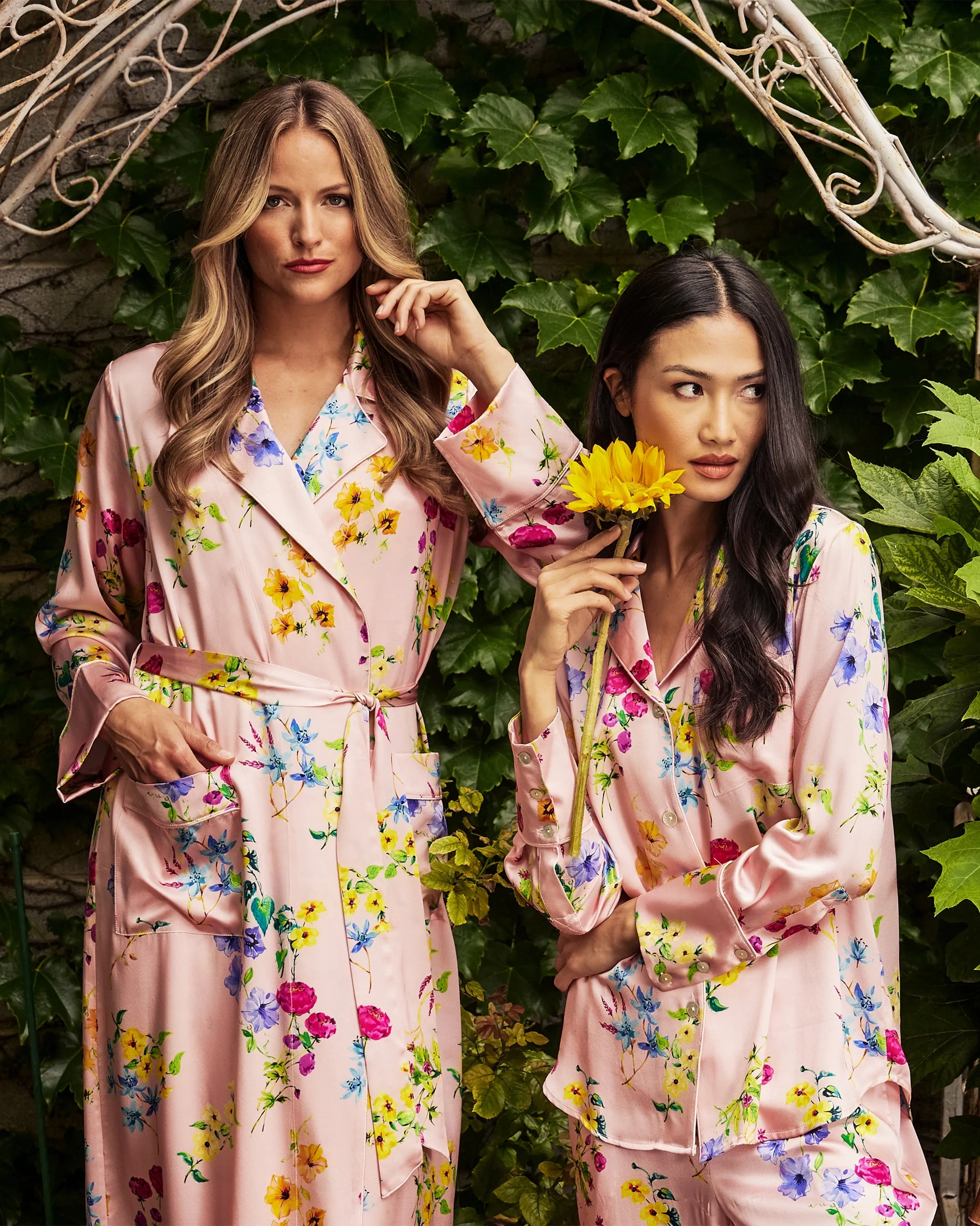 Women's Silk Pajama Set in Blush Brilliant Botanical sold by Larroude product image thumbnail 4