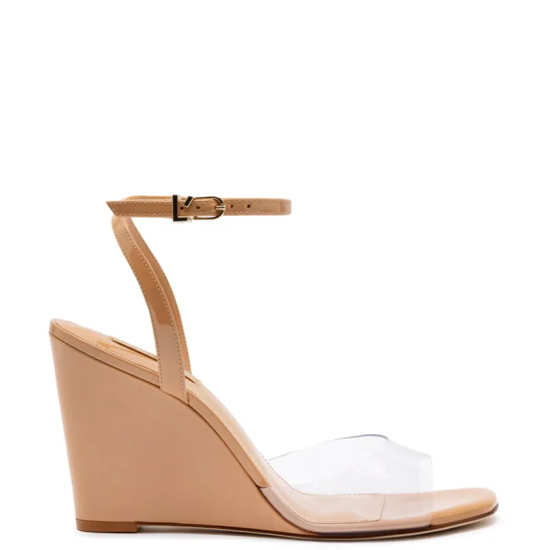 Yves Wedge In Tan Patent Leather and Vinyl sold by Larroude