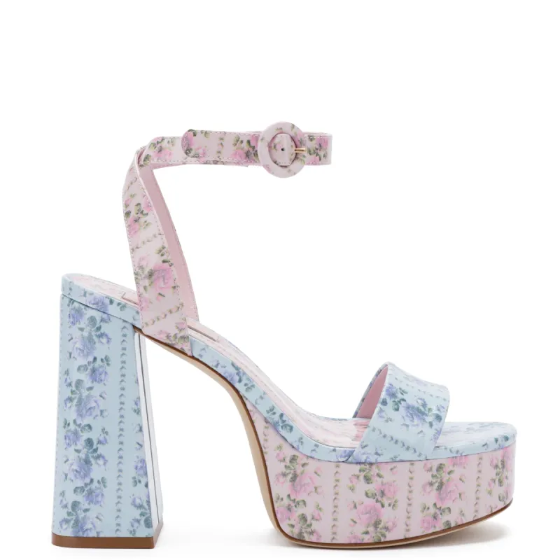 Larroudé for LoveShackFancy: Dolly Sandal In Rose Cerulian Blue and Blushing Pink Patent sold by Larroude