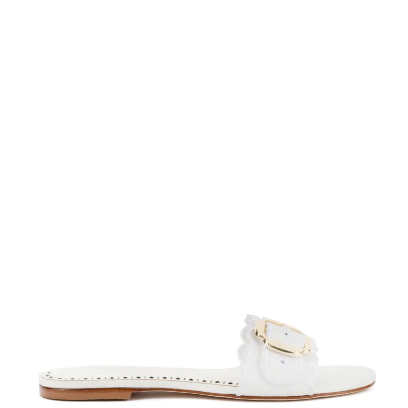 Ivy Broderie Flat Mule In White Raffia sold by Larroude