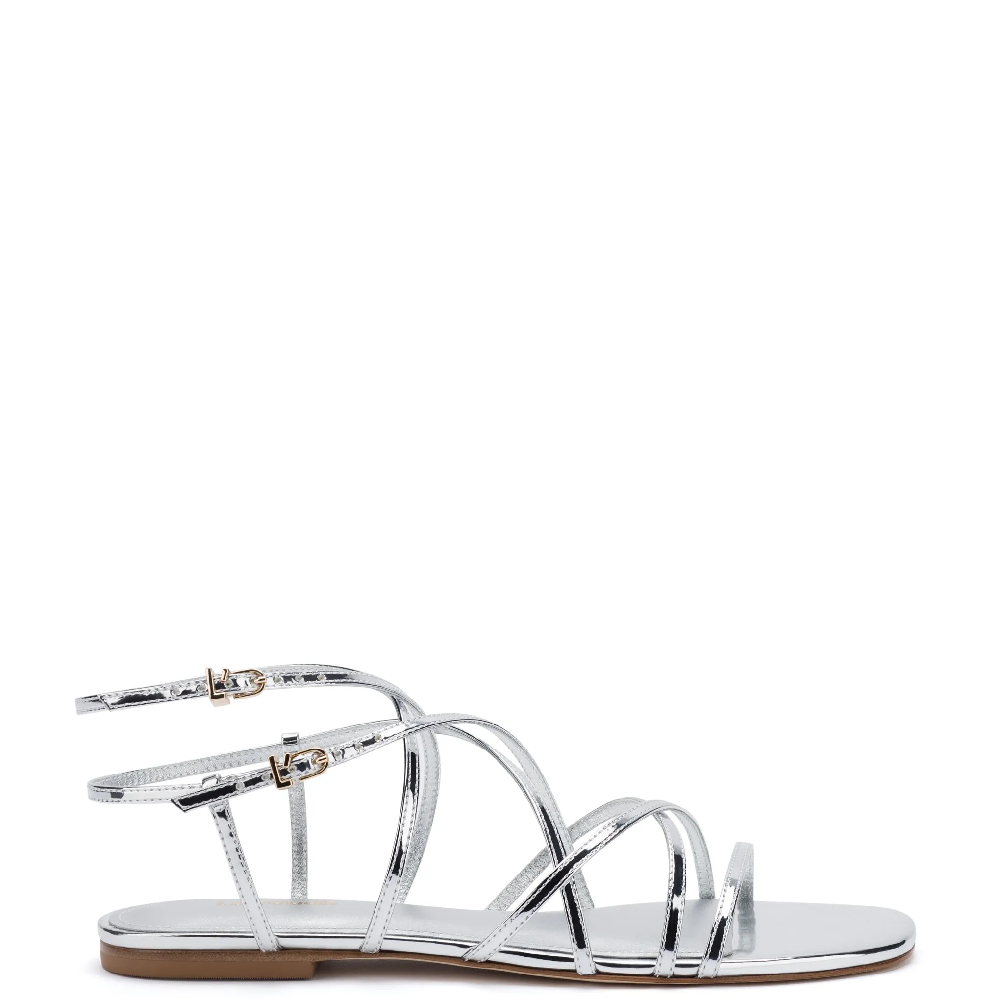 Naomi Flat Sandal In Silver Specchio sold by Larroude
