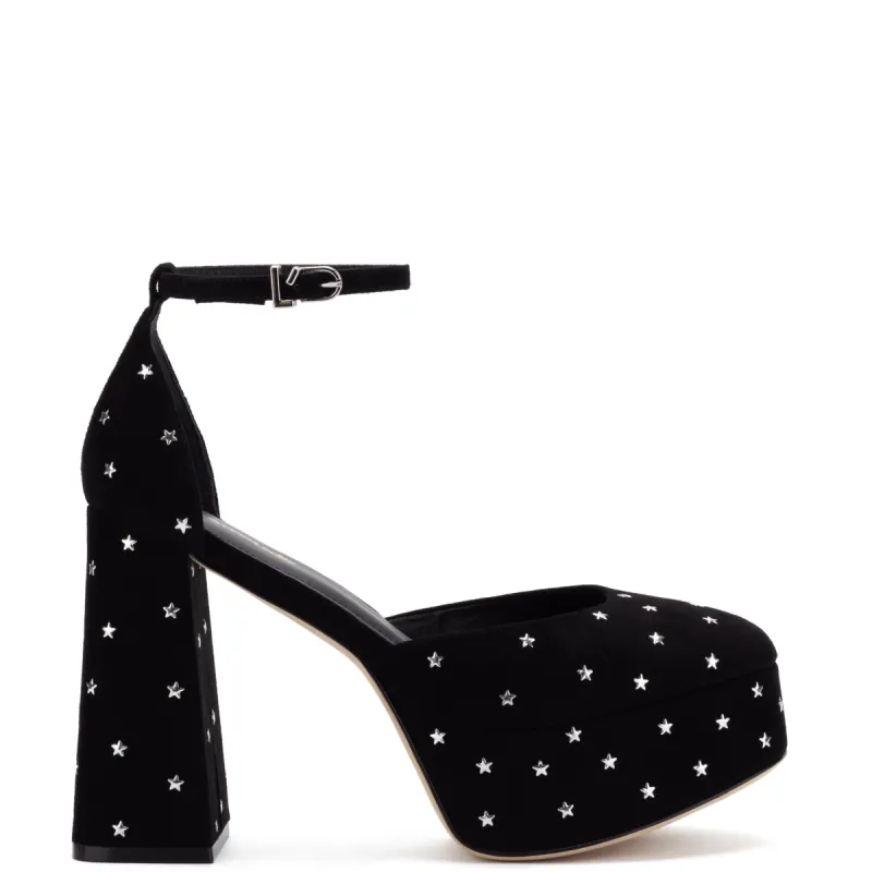 Ari Pump In Black Suede and Silver Stars sold by Larroude