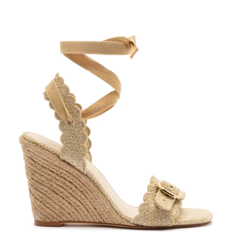 Poppy Wedge In Gold Metallic Raffia sold by Larroude