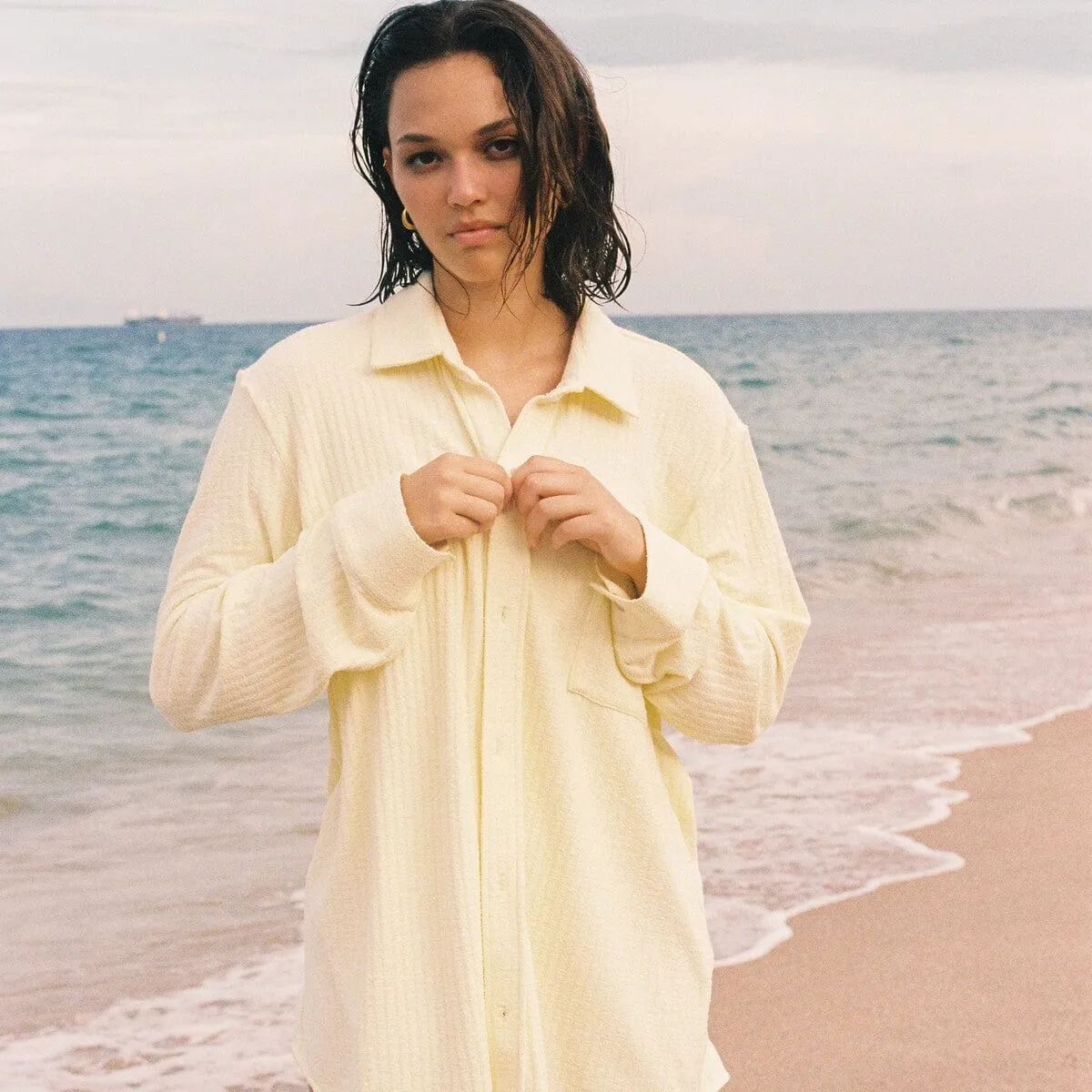 Buttercream Rib Long Sleeve Button Down Shirt sold by Larroude product image thumbnail 3