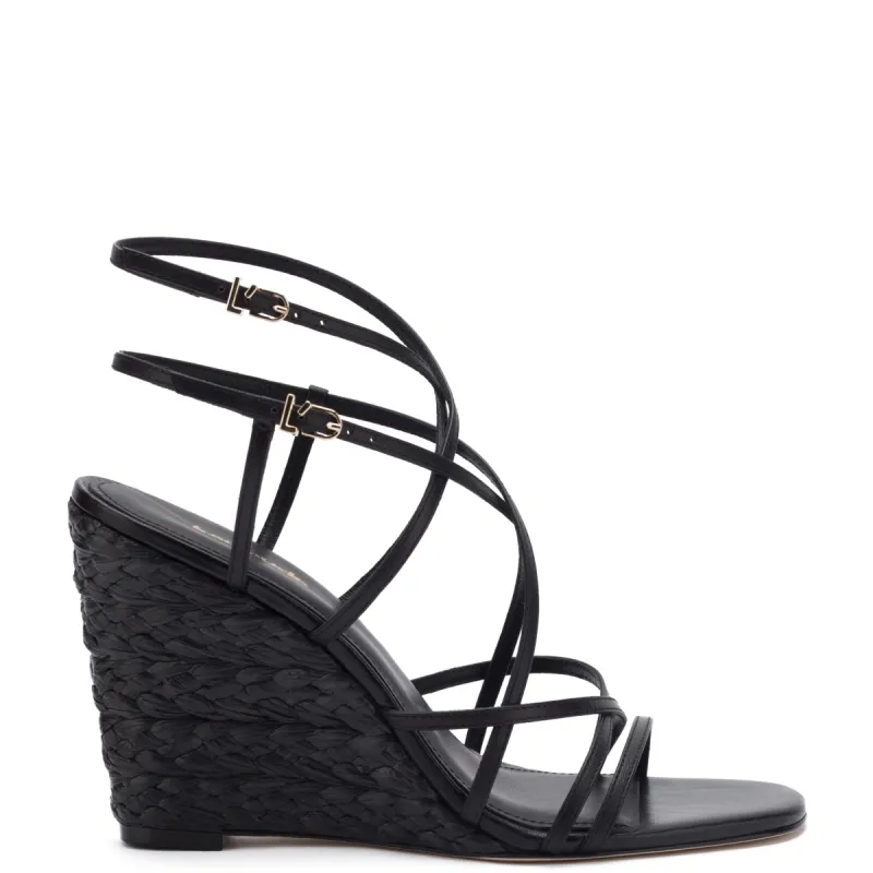 Naomi Wedge In Black Leather and Raffia sold by Larroude