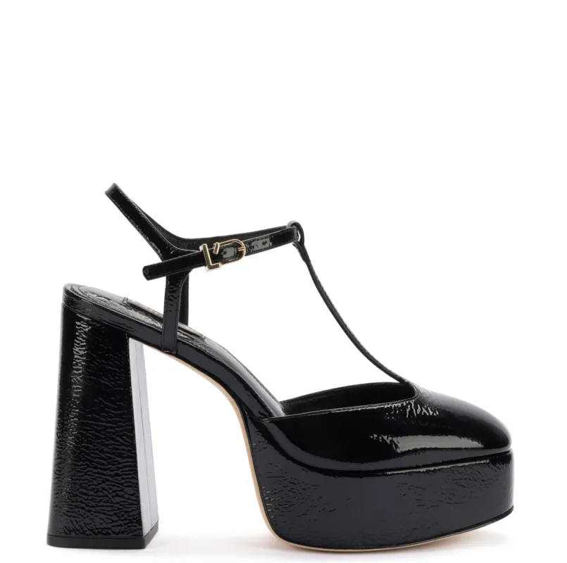 Pixie Pump In Black Cracked Patent Leather sold by Larroude