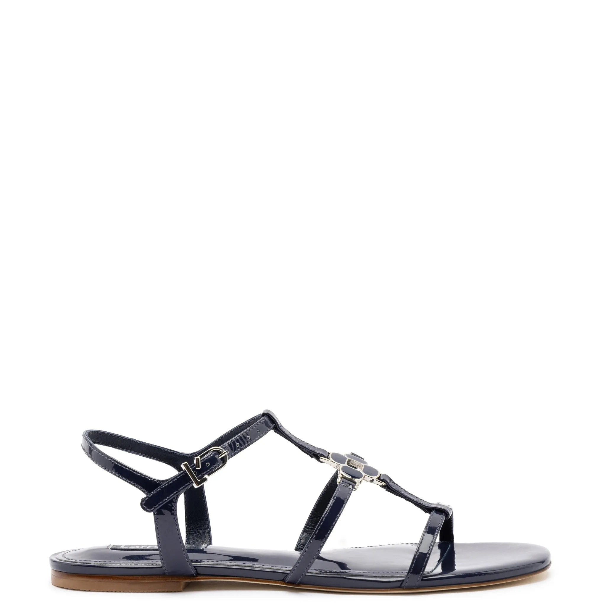 Hana Flat In Navy Patent Leather sold by Larroude