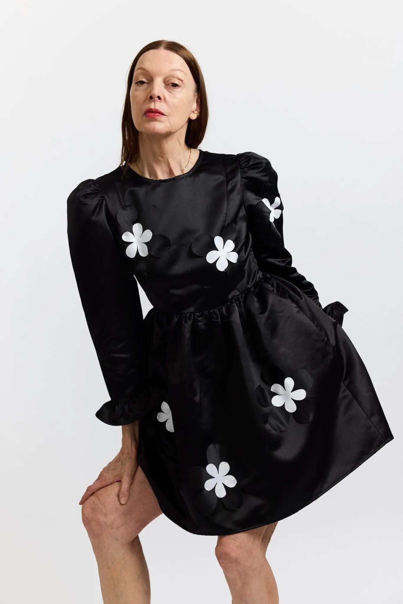 Mini Prairie Dress in Black Satin Flowers sold by Larroude product image thumbnail 3