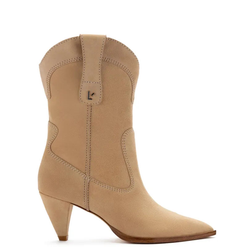 Thelma Boot In Sand Suede made by Larroude