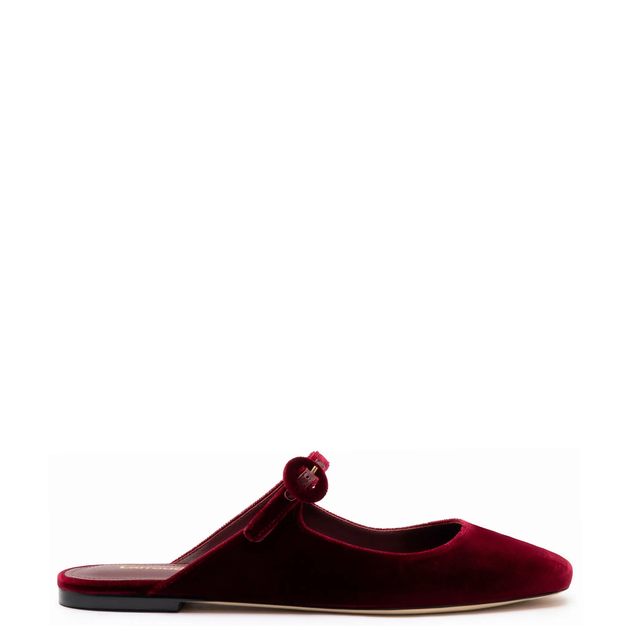 Blair Flat Mule In Wine Velvet sold by Larroude