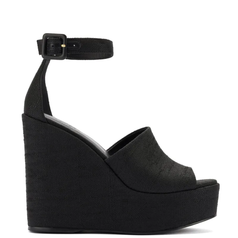 Larroudé x Jennifer Fisher Wedge Sandal In Black Raffia sold by Larroude