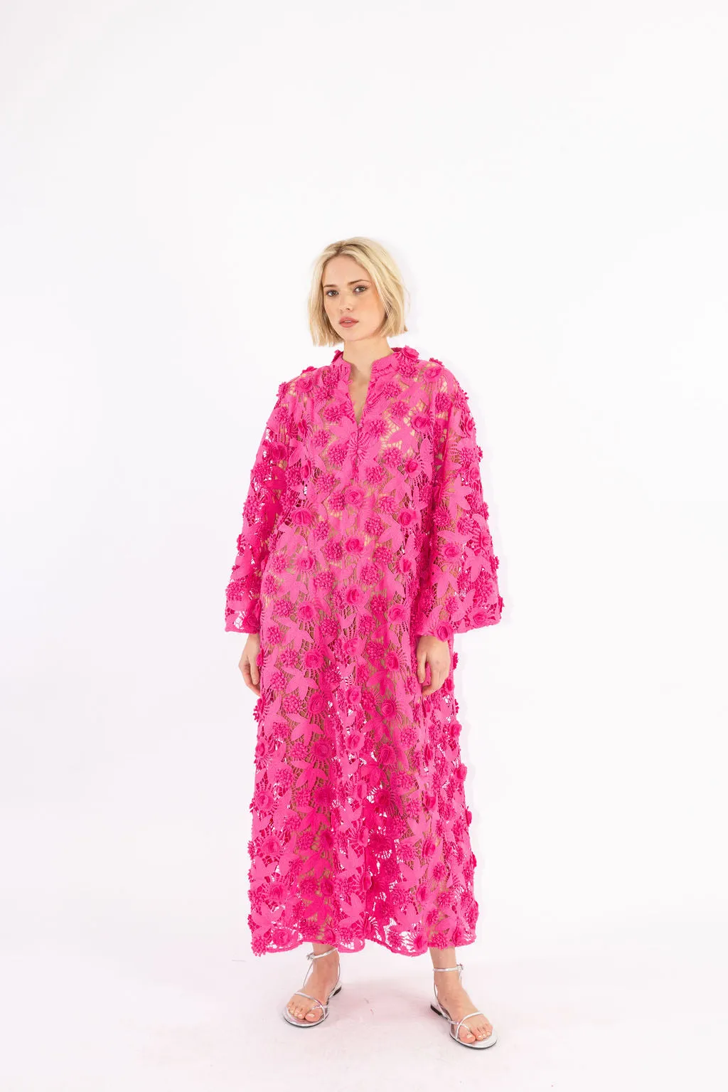 pink pop floral maxi caftan sold by Larroude