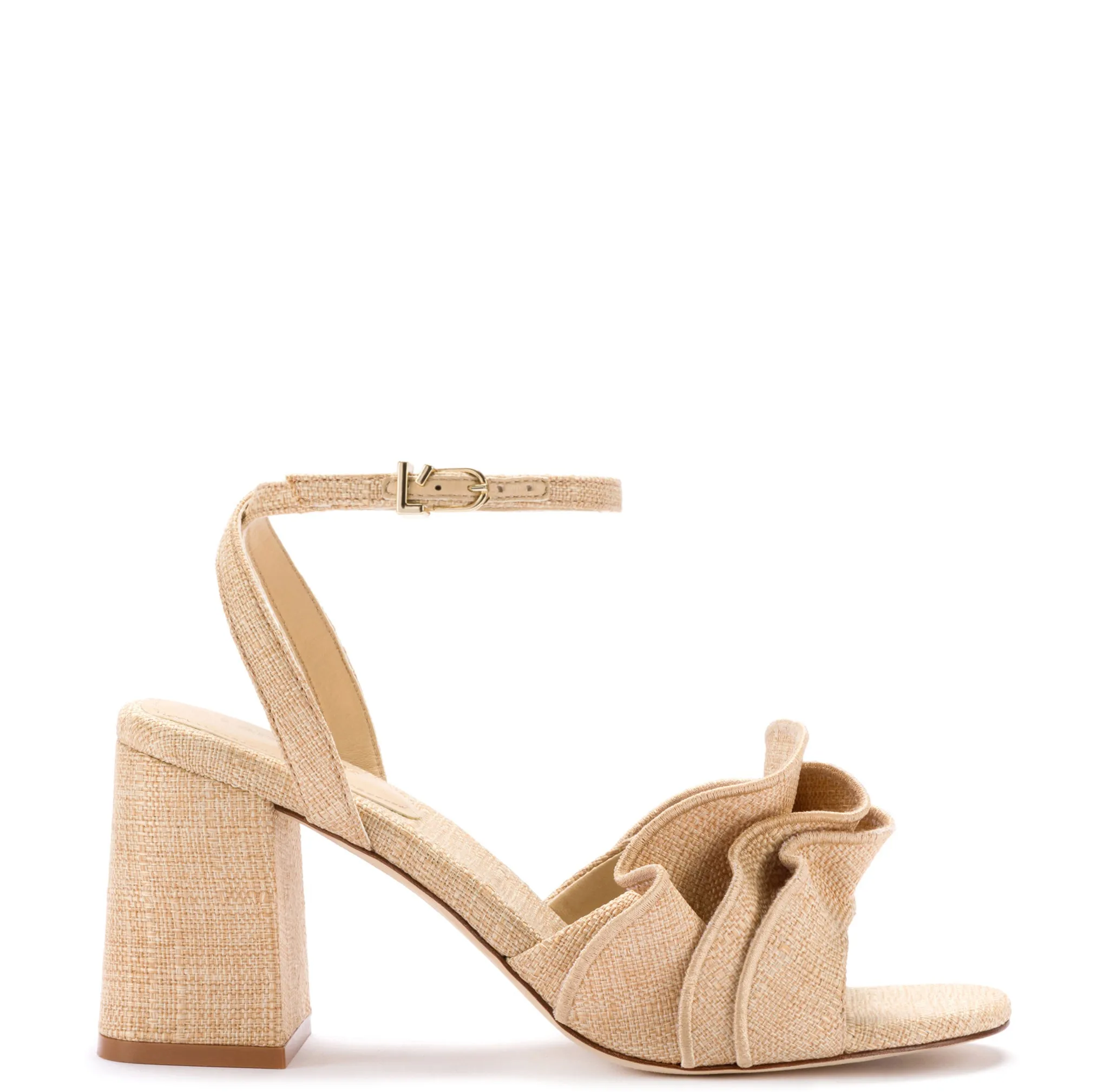 Selena Ruffle Sandal In Beige Raffia sold by Larroude