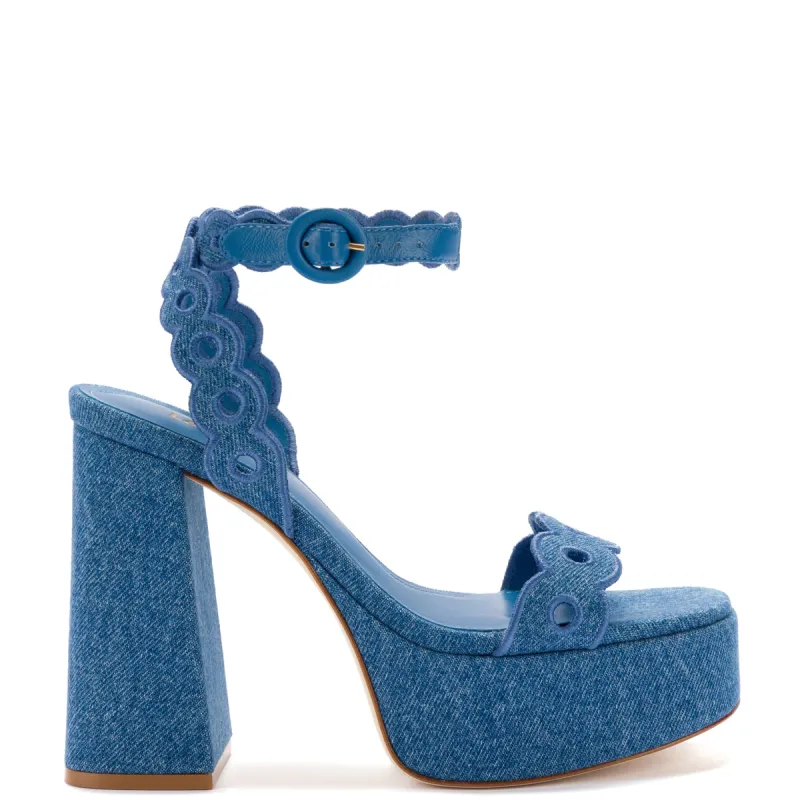 Dolly Broderie Sandal In Blue Stoned Denim sold by Larroude