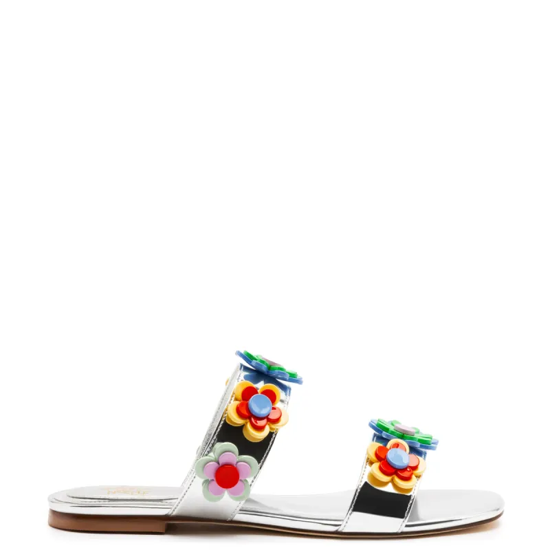 Larroudé x Gabriela Noelle: Blossom Flat Sandal In Silver Specchio and Multicolor Acrylic sold by Larroude