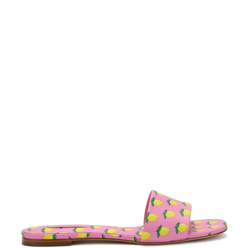 Ivy Flat Mule In Bubblegum and Lemon Print Leather sold by Larroude