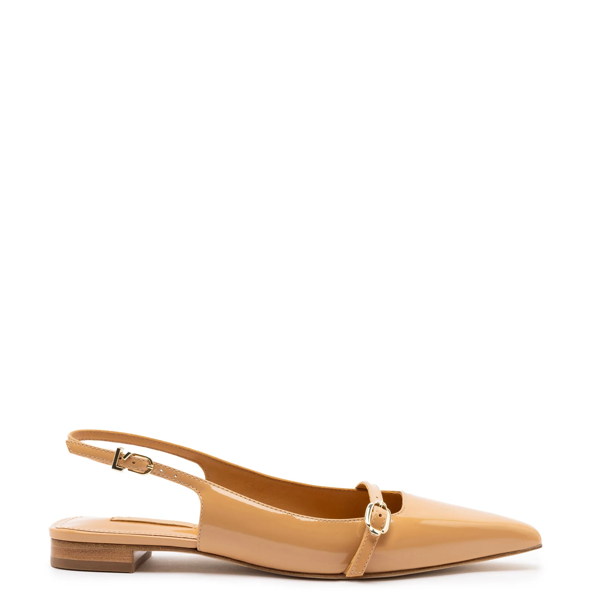 Ines Flat In Tan Patent Leather sold by Larroude
