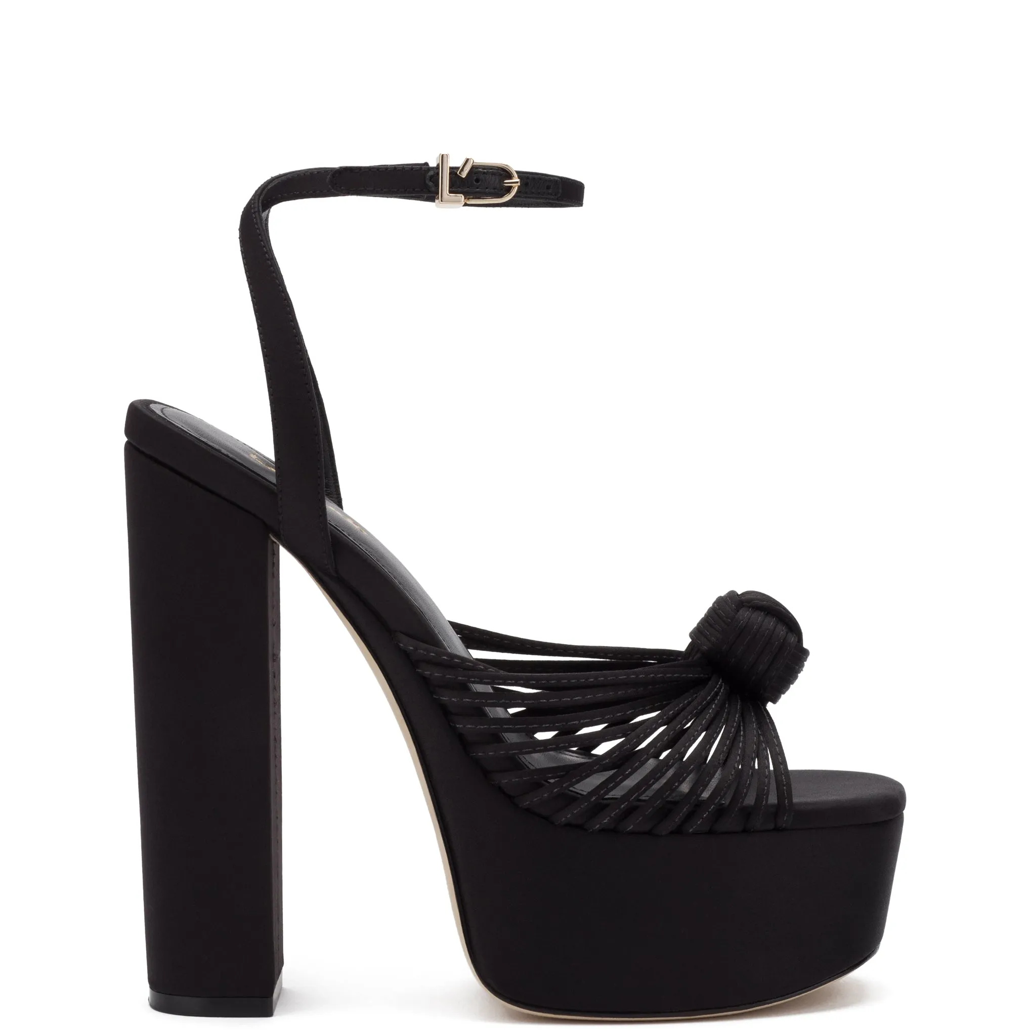 Valerie Platform Sandal In Black Satin sold by Larroude