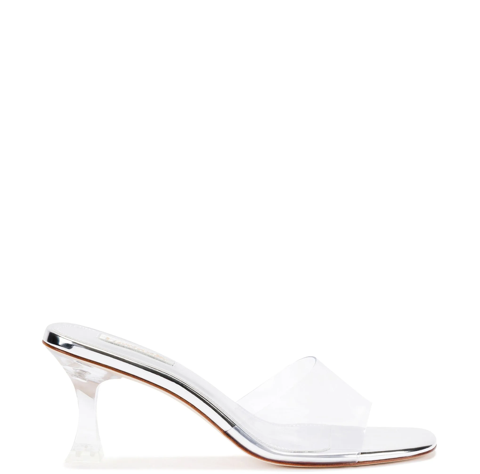 Vivi Lucite Hi Mule In Silver Specchio sold by Larroude