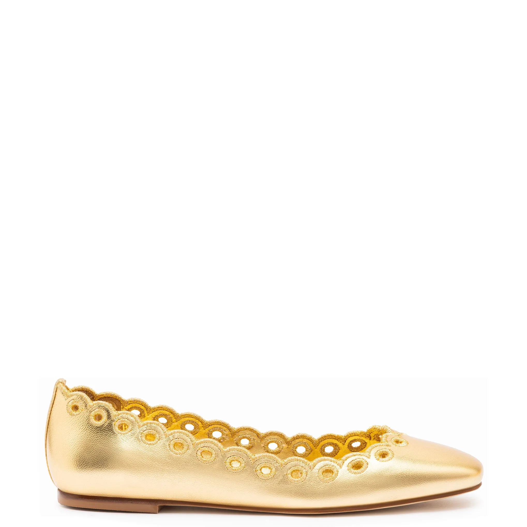 Meghan Broderie Flat In Gold Metallic Leather sold by Larroude