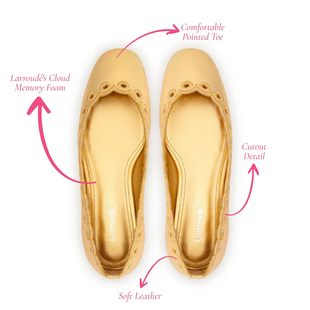 Meghan Broderie Flat In Gold Metallic Leather sold by Larroude product image thumbnail 5