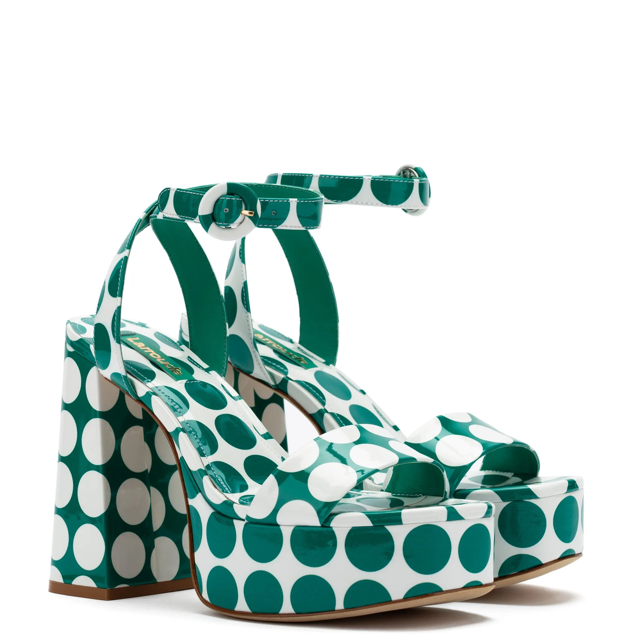 Dolly Sandal In Green Polka Dot Print Patent Leather sold by Larroude product image thumbnail 2