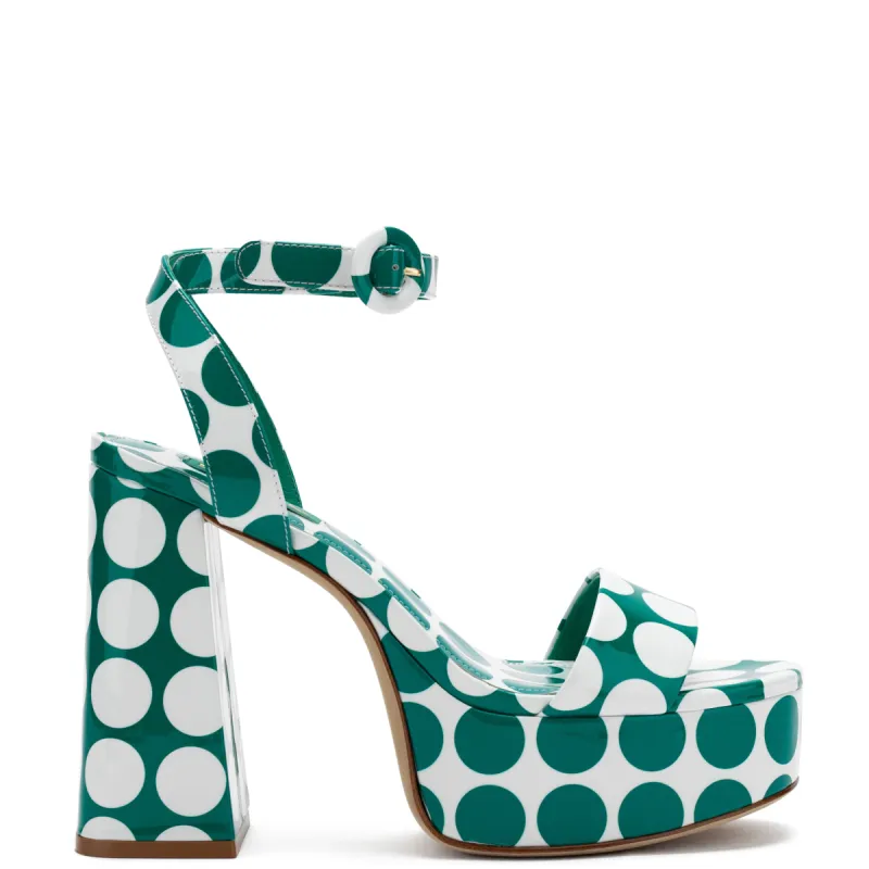 Dolly Sandal In Green Polka Dot Print Patent Leather sold by Larroude
