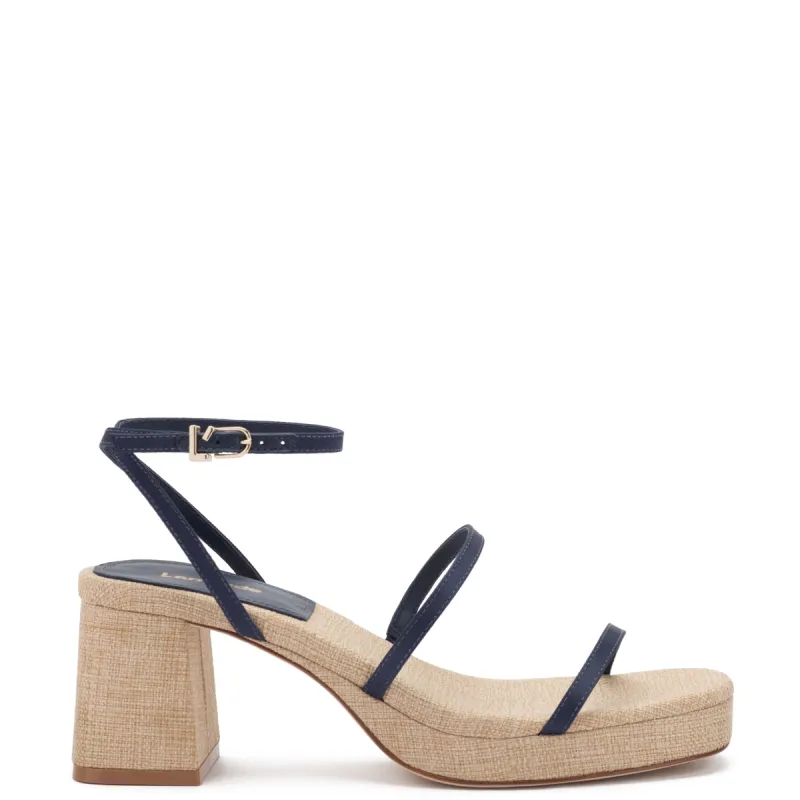 Gio Sandal In Navy Satin and Raffia sold by Larroude