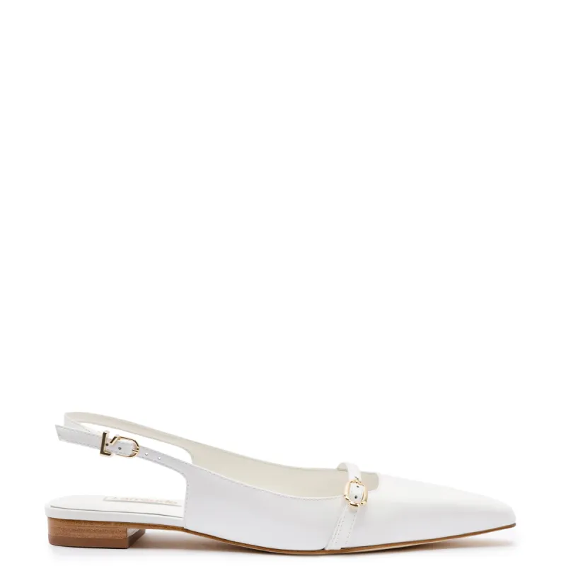 Ines Flat In White Patent Leather sold by Larroude