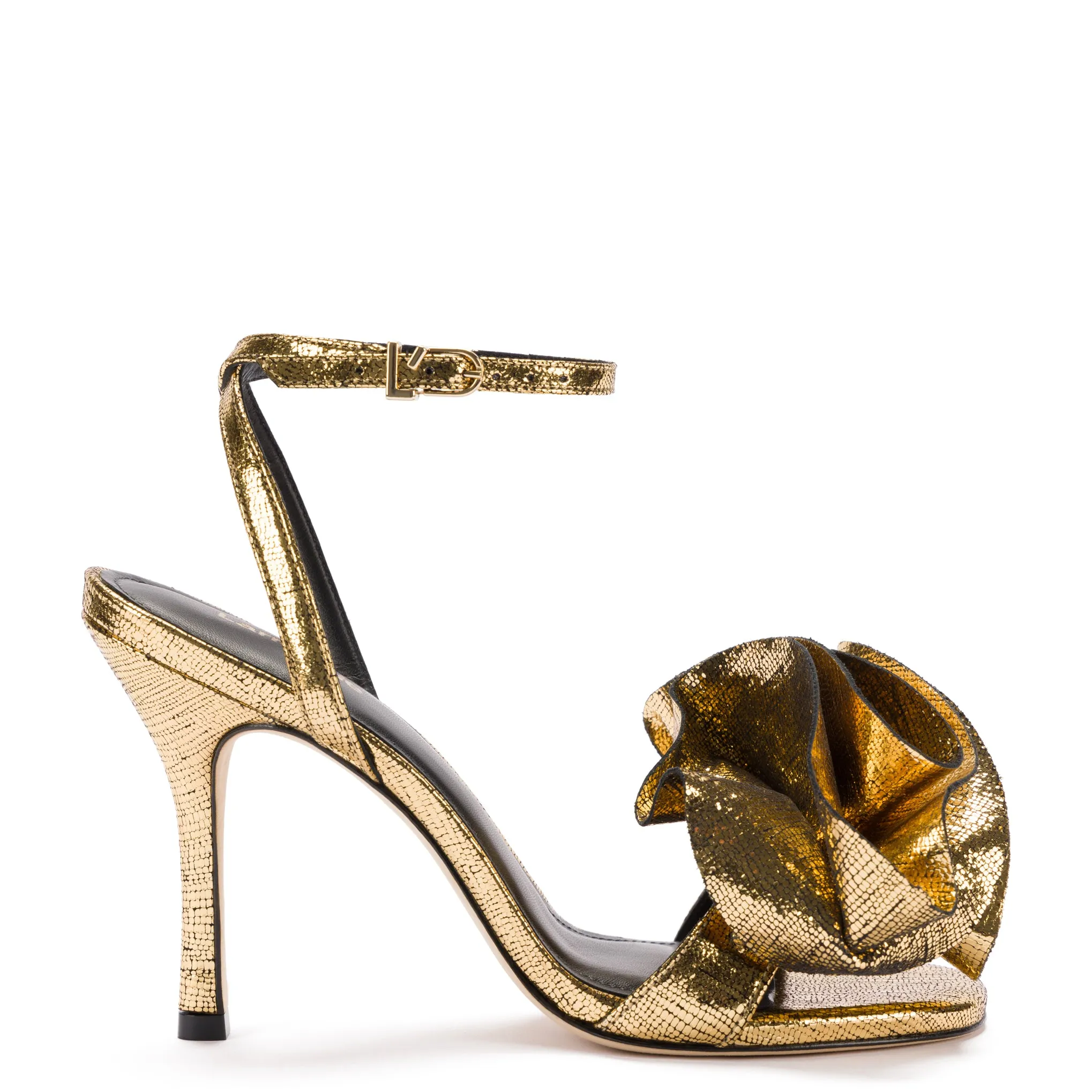Penelope Sandal In Gold Cracked Metallic Leather sold by Larroude