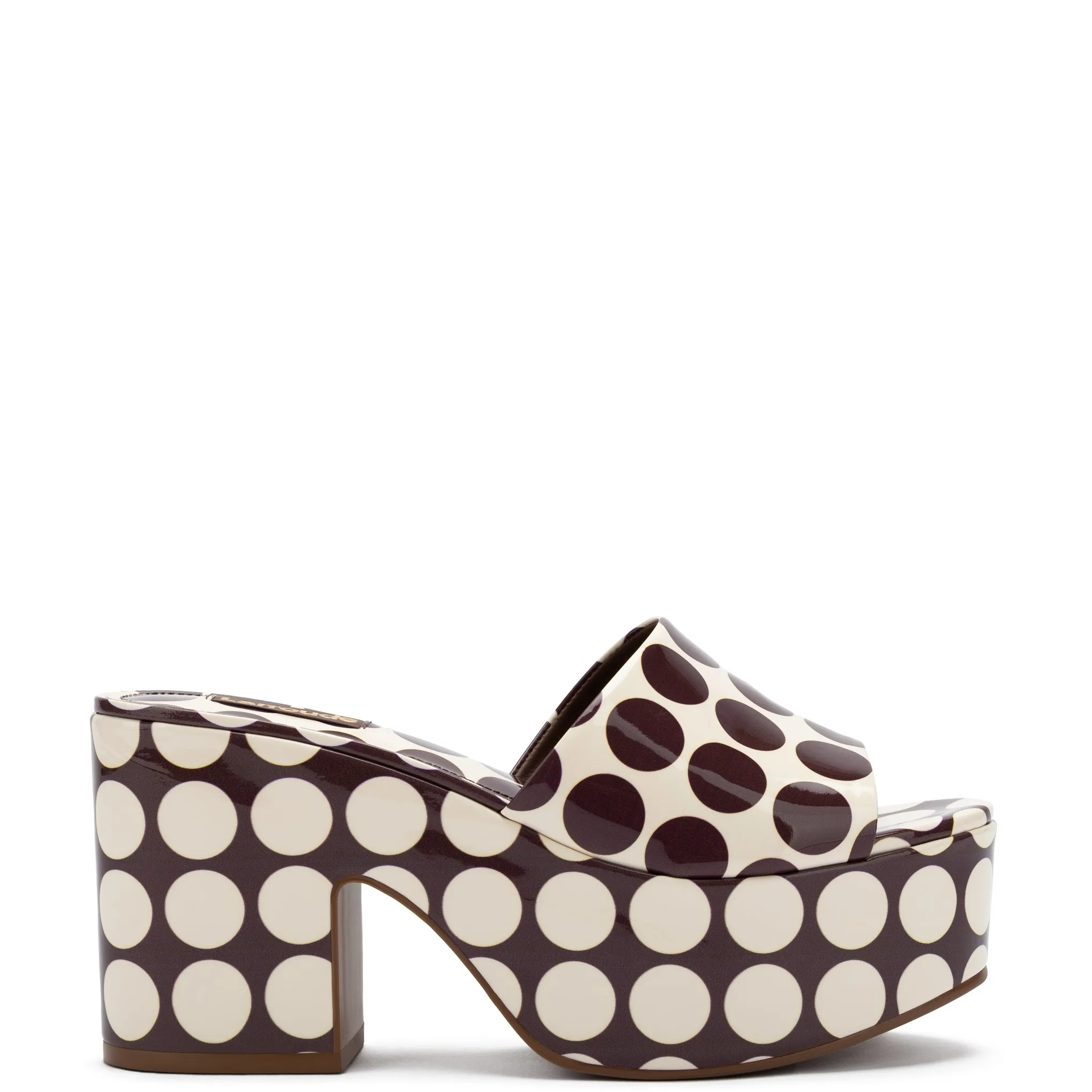 Miso Platform Sandal In Brown Polka Dot Print Patent Leather sold by Larroude