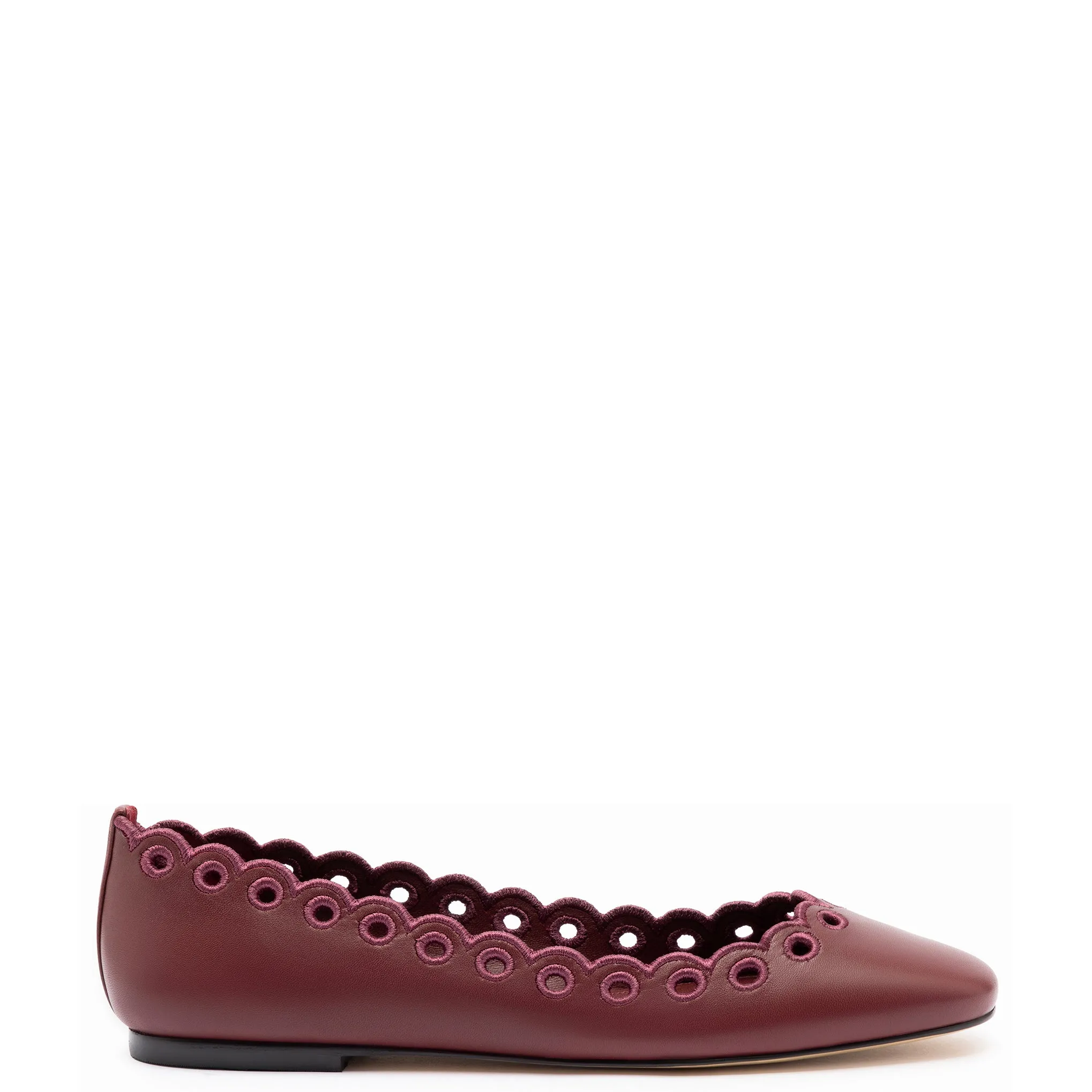 Meghan Broderie Flat In Burgundy Leather sold by Larroude