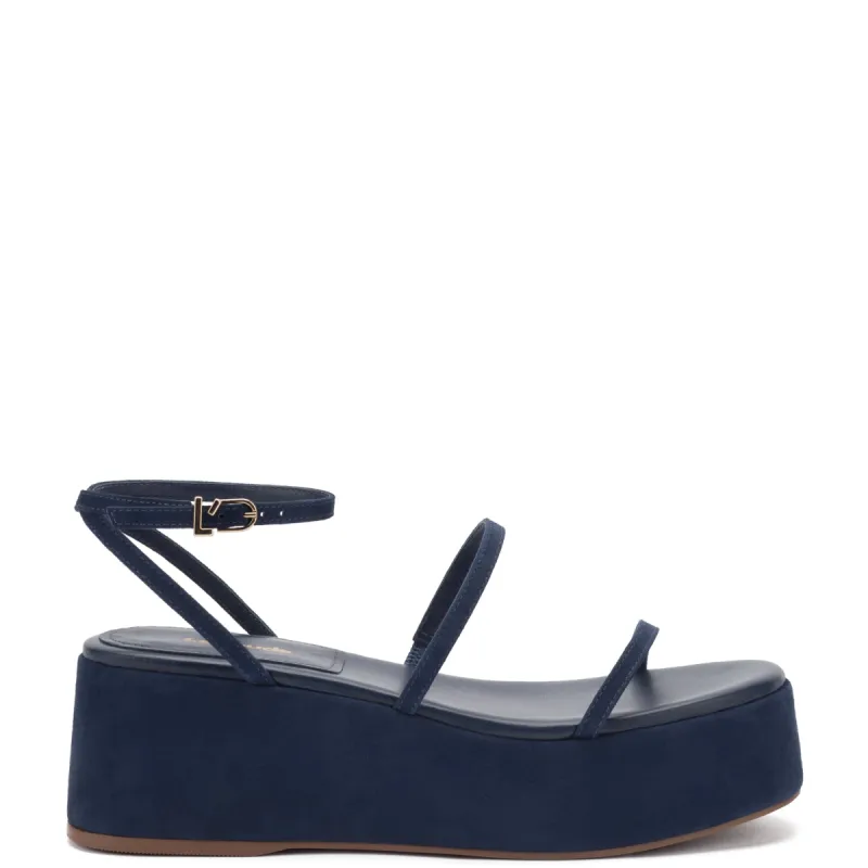 Gio Flatform Sandal In Navy Suede sold by Larroude