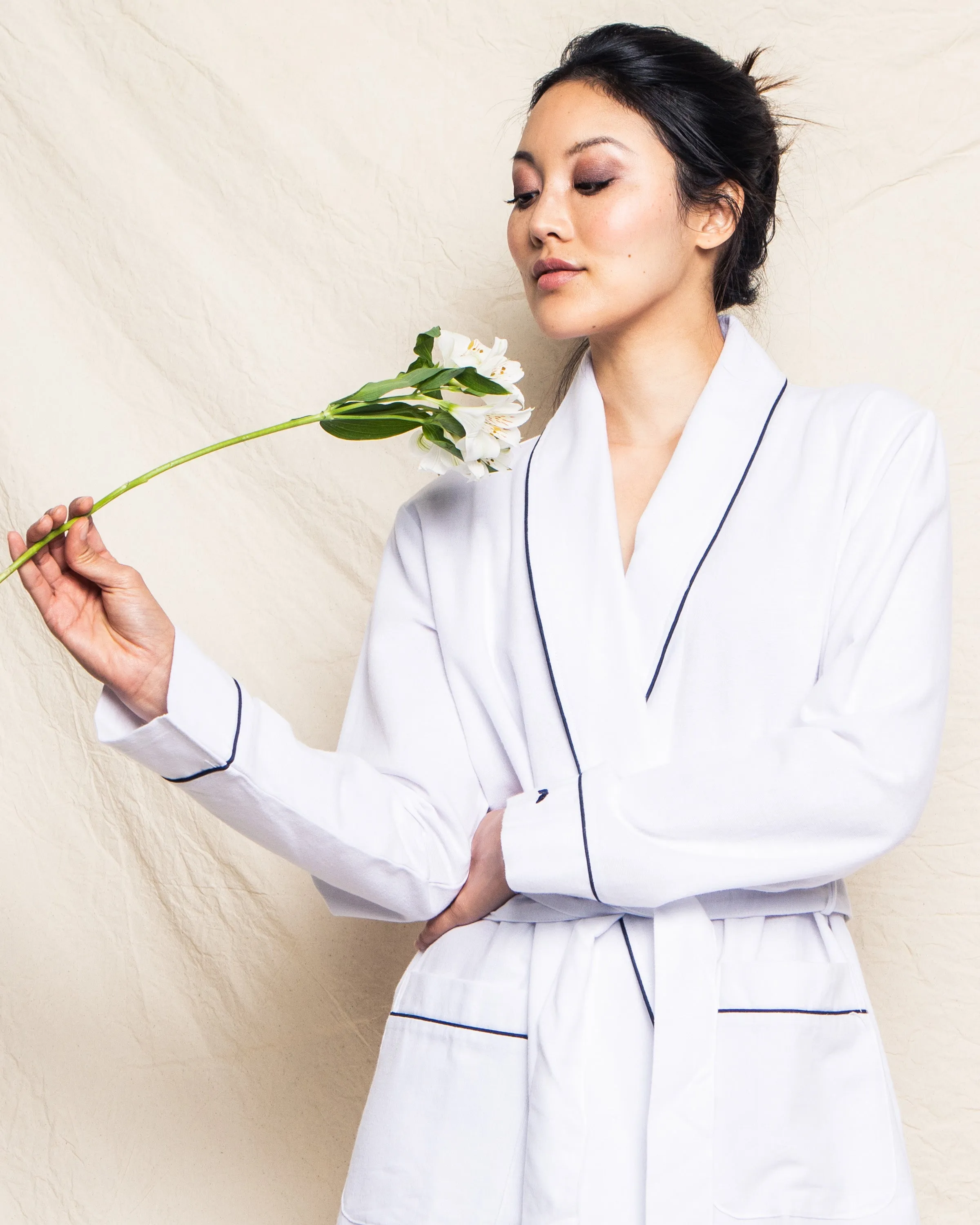 Women's White Flannel Robe with Navy Piping sold by Larroude product image thumbnail 3