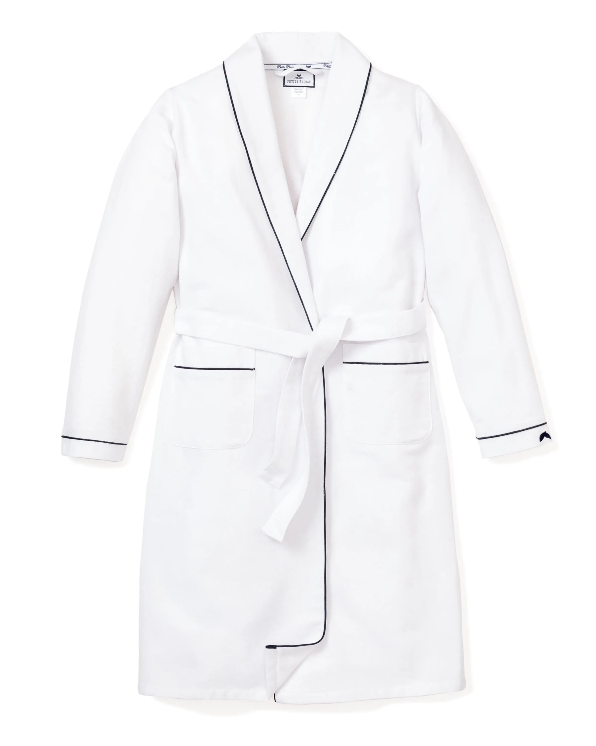 Women's White Flannel Robe with Navy Piping sold by Larroude