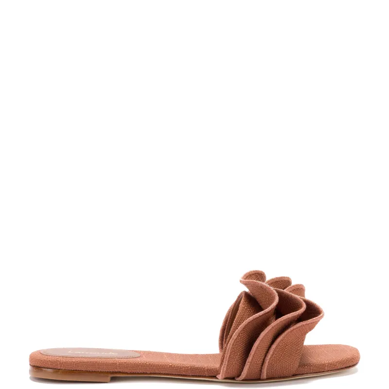 Ivy Ruffle Flat Mule In Caramel Raffia sold by Larroude