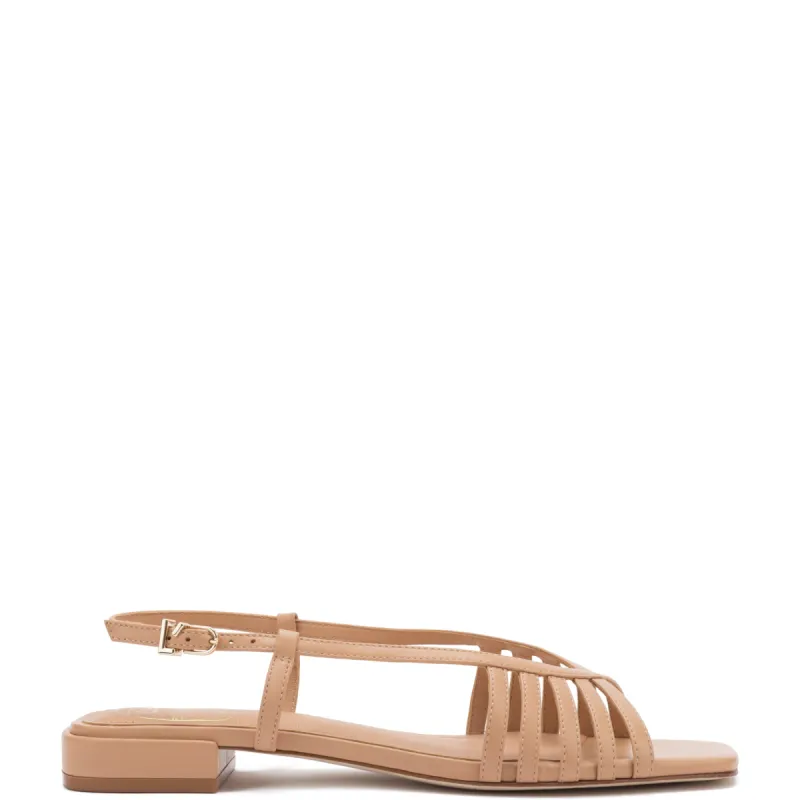 Leandra Flat Sandal In Tan Leather sold by Larroude
