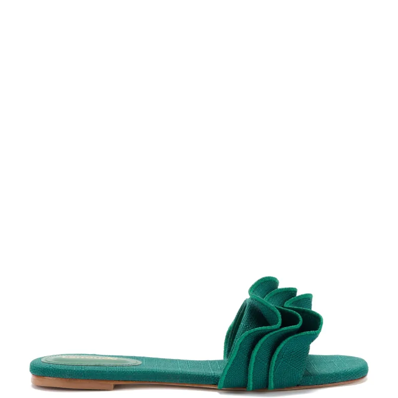 Ivy Ruffle Flat Mule In Emerald Raffia sold by Larroude