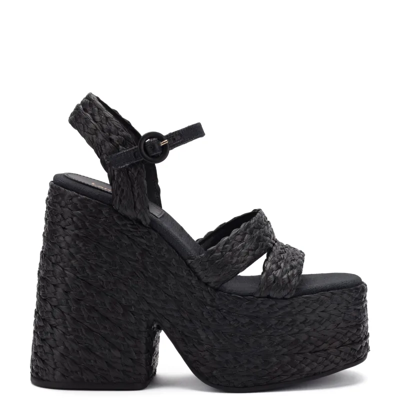 Carmen Platform Sandal In Black Raffia sold by Larroude