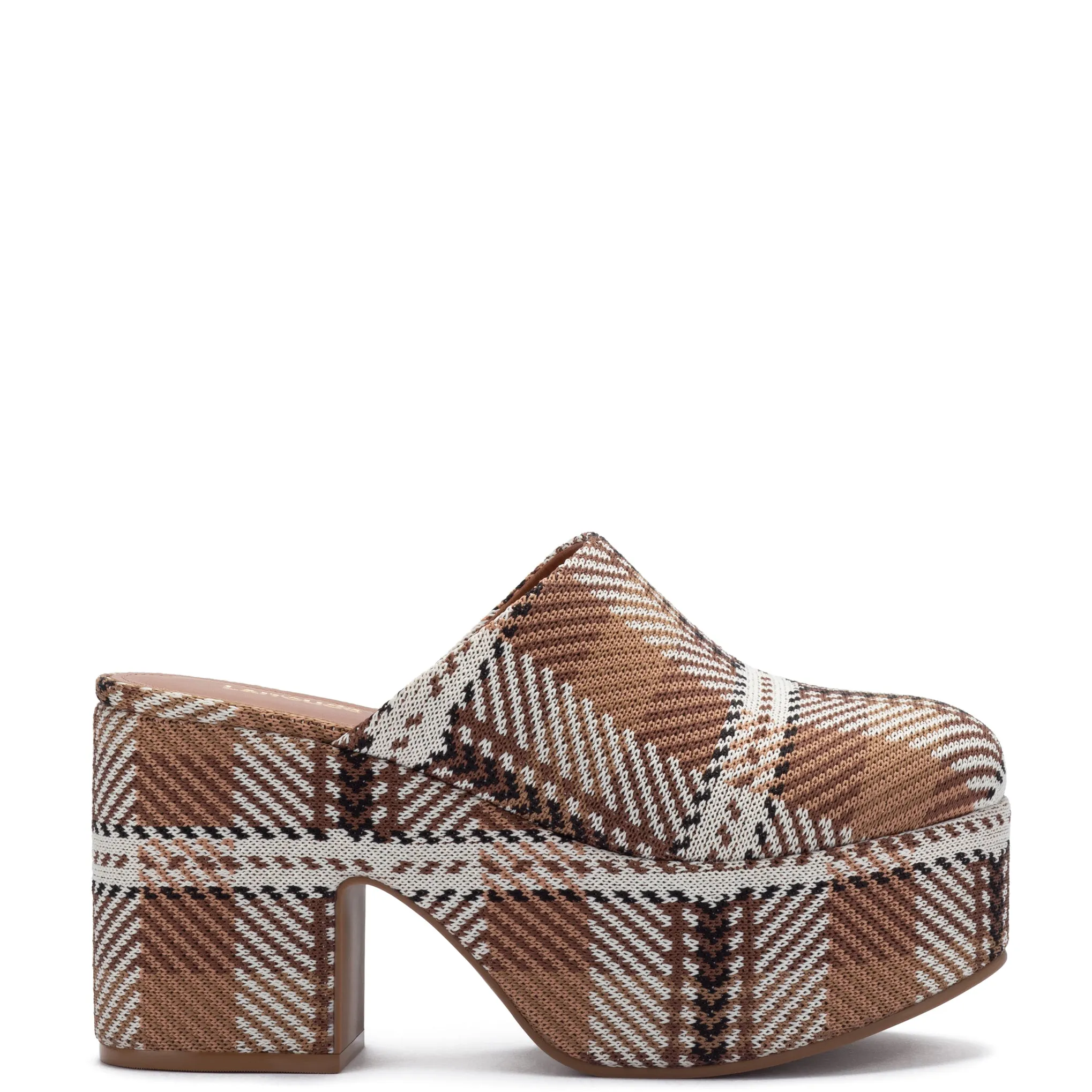 Miso Platform Clog In Caramel Plaid Knit sold by Larroude