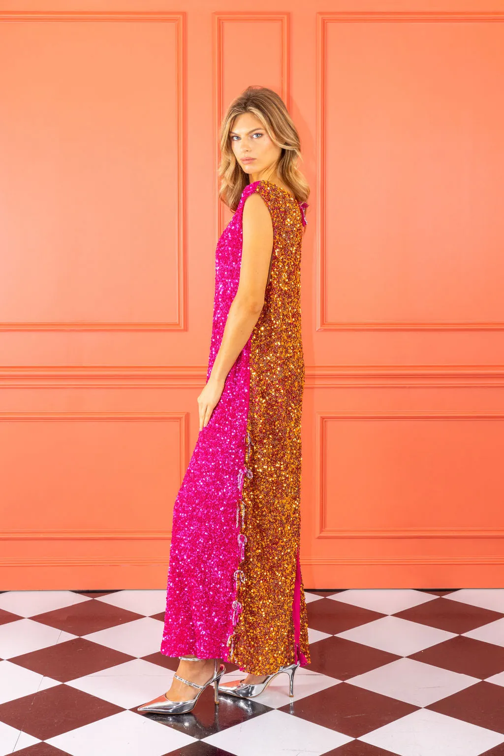 two-tone beaded sequin maxi a-line dress sold by Larroude product image thumbnail 3