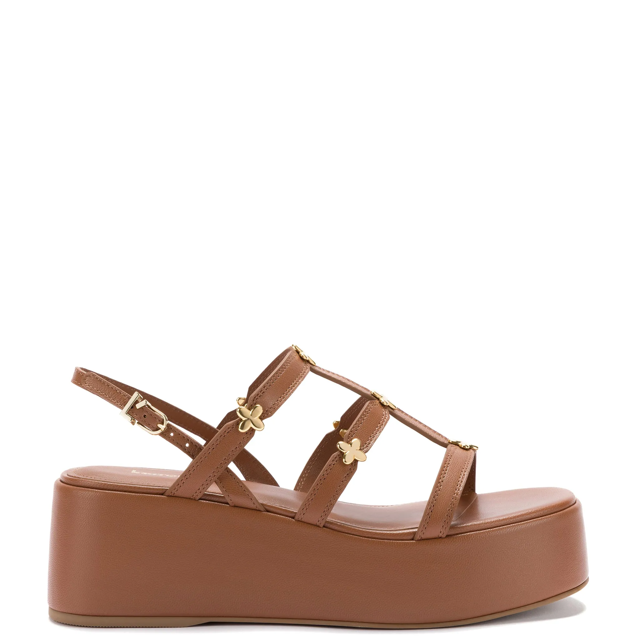 Harmony Flatform Sandal In Caramel Leather sold by Larroude
