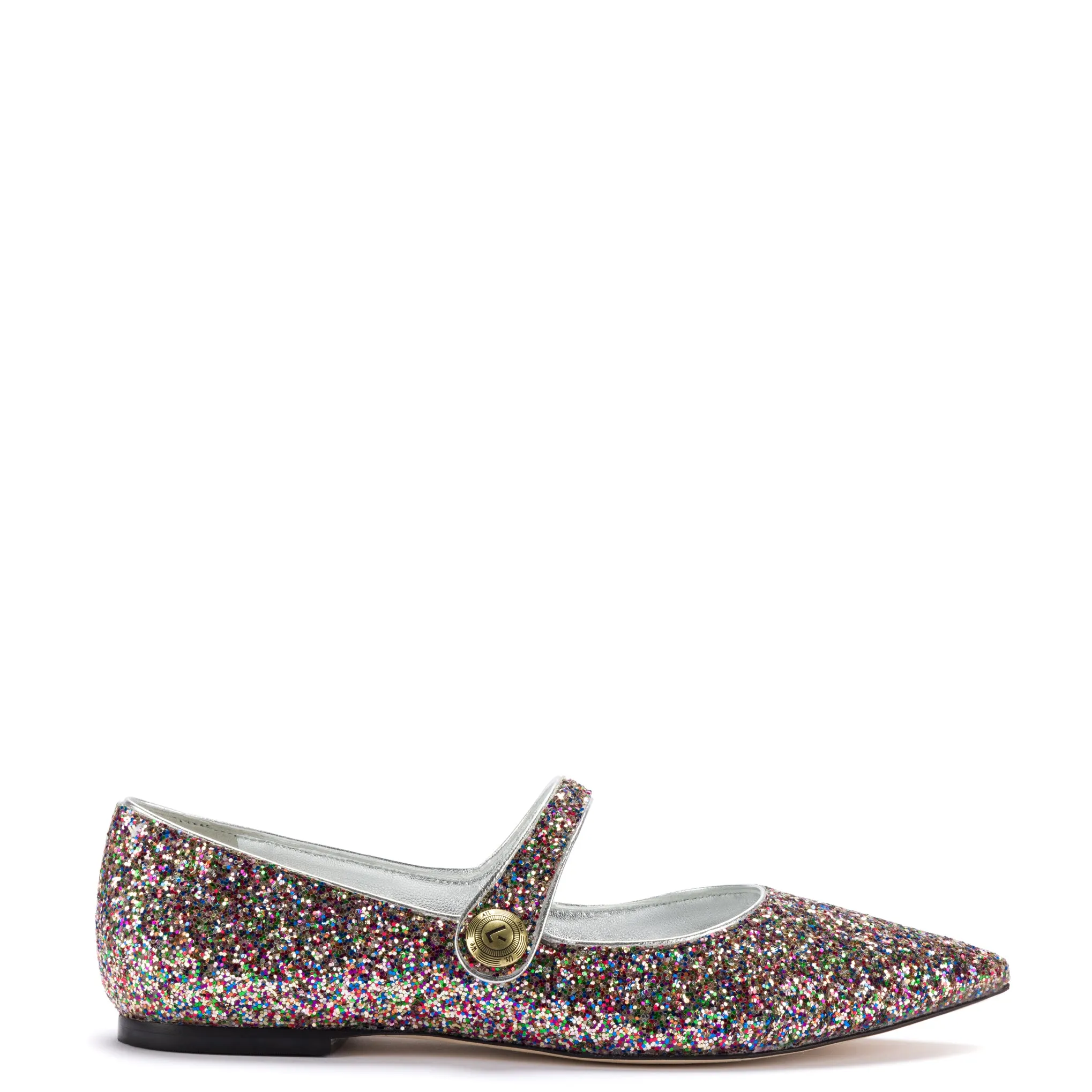 Caroline Flat In Multimetallic Glitter sold by Larroude
