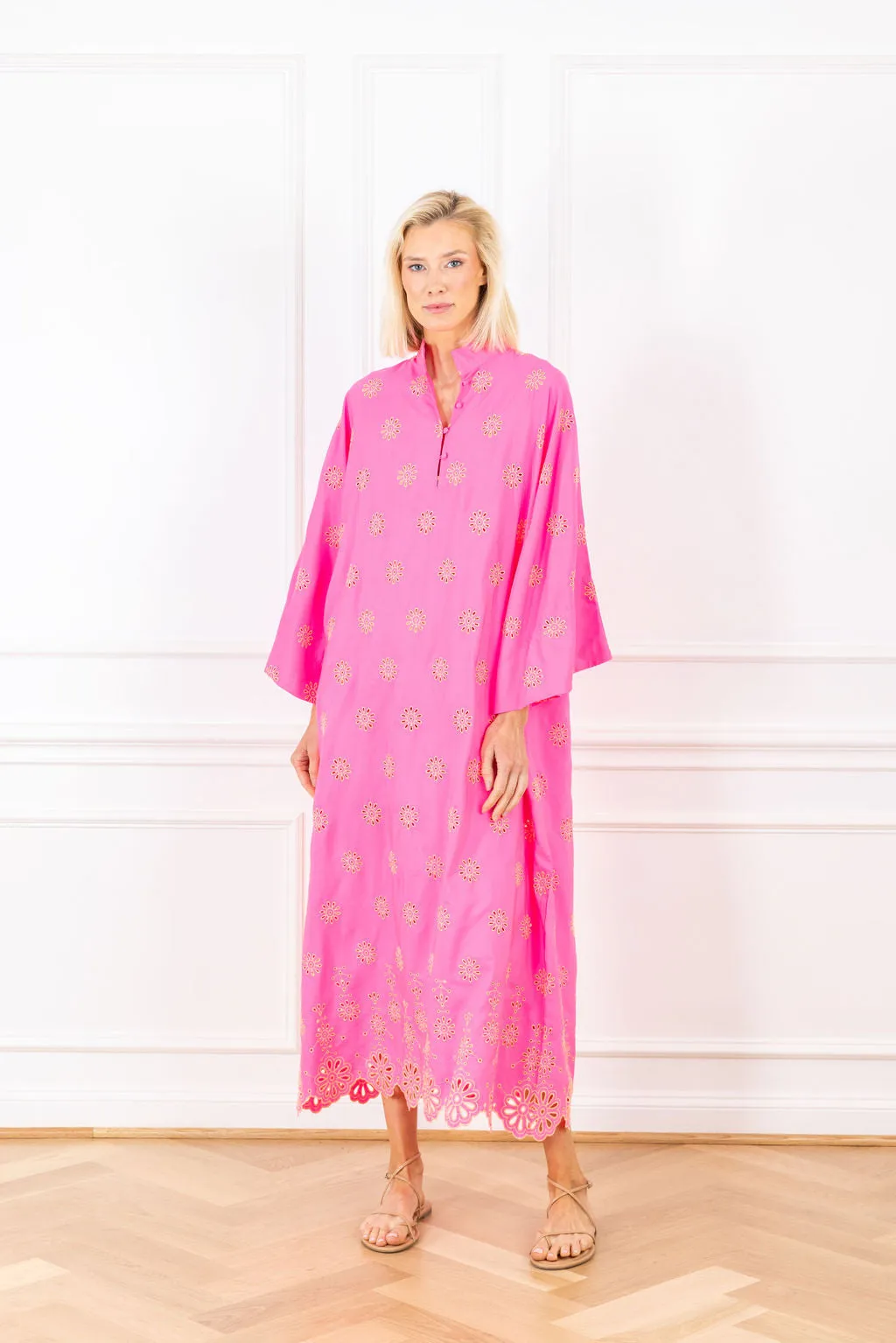 neon floral eyelet maxi caftan sold by Larroude