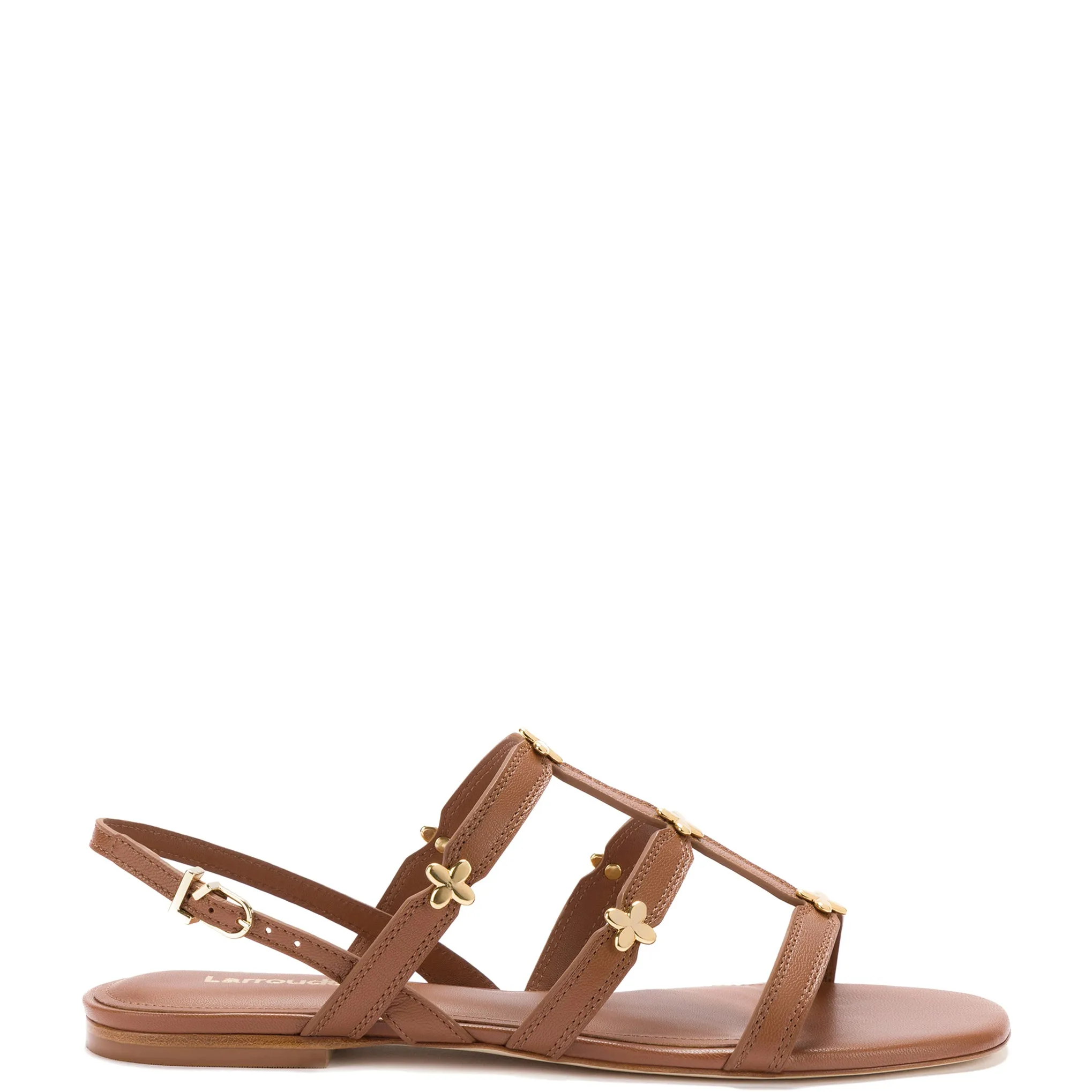 Harmony Flat Sandal In Caramel Leather sold by Larroude